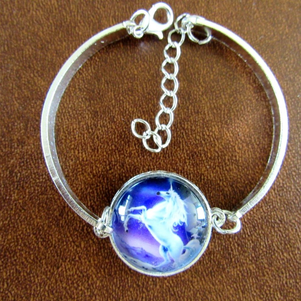 3 Piece Set Unicorn Silver Tone Glass Cabochon Jewelry Necklace Bracelet Earring - Picture 3 of 5
